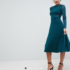 Forest green skater dress with lace sleeves